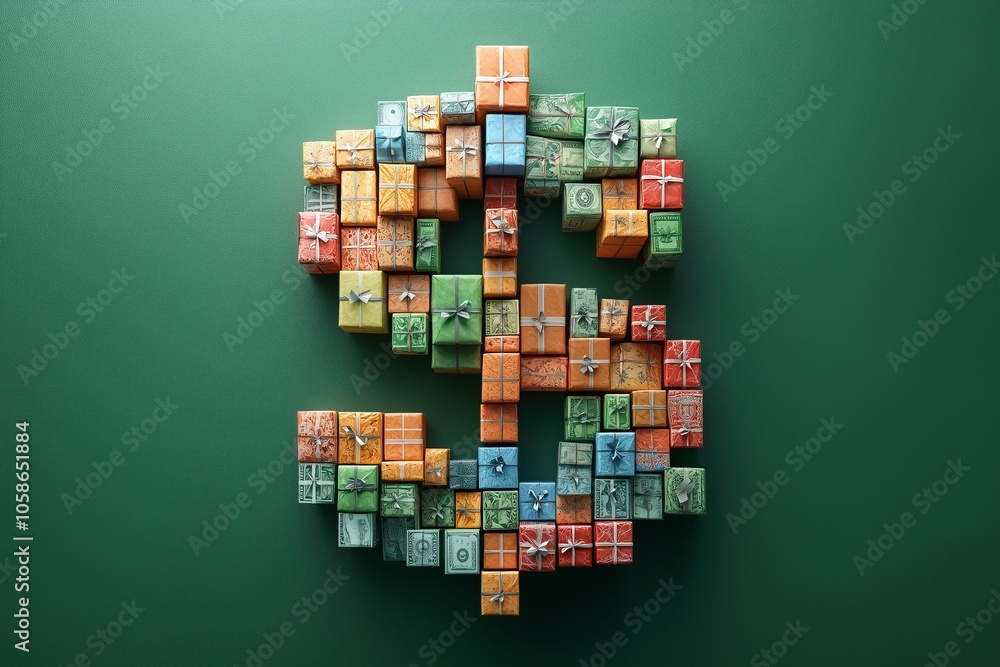 A top-down view of various Christmas gifts arranged to form a dollar sign against a vibrant green background A top-down view of various Christmas gifts arranged to form a dollar sign against a vibrant green background