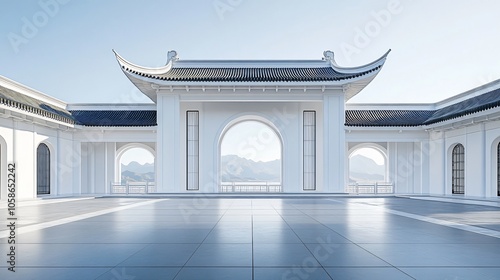 Traditional Chinese Anhui Hui-style Architecture with White Background, Platform, Roads, Parking Lots, and Brick Pavements for Car Advertisement Background photo