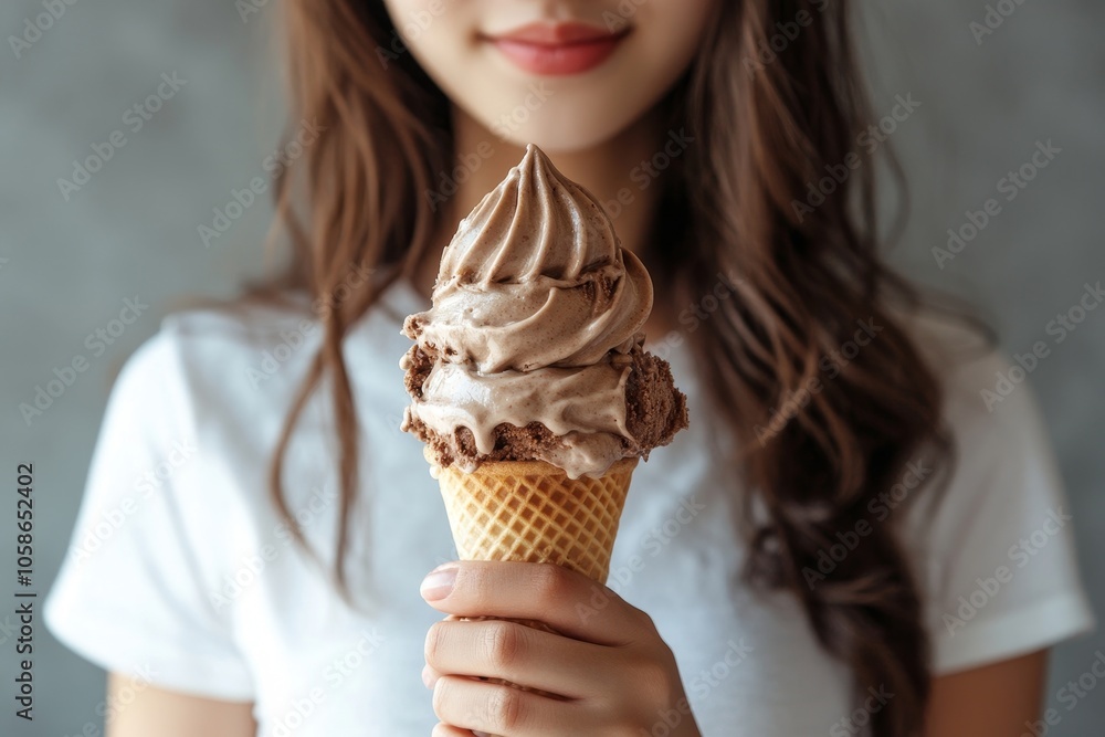 Cloth stain, disappointment asian young woman, girl eating melting ice cream in waffle cone on hot weather, hand show making chocolate cream drop on white t-shirt, spot dirty or smudge, Generative AI Cloth stain, disappointment asian young woman, girl eating melting ice cream in waffle cone on hot weather, hand show making chocolate cream drop on white t-shirt, spot dirty or smudge, Generative AI