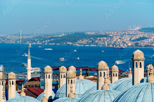 cityscape of Istanbul, Turkey, view from Suleymaniye Mosque to the Golden Horn Bay, architecture of city against the sky photo