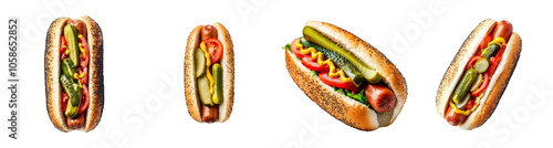 Collection of Chicago-style hot dogs isolated on a transparent background, perfect for American cuisine and Independence Day concepts