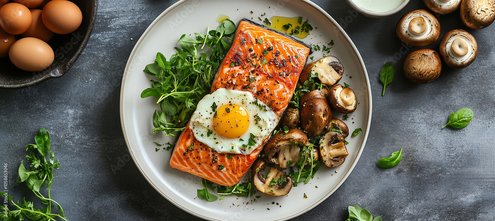 Healthy meal featuring salmon, eggs, and mushrooms, showcasing rich dietary sources of vitamin D for optimal nutrition and well-being. Healthy meal featuring salmon, eggs, and mushrooms, showcasing rich dietary sources of vitamin D for optimal nutrition and well-being.