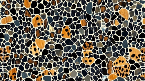 Abstract seamless pattern with irregular mosaic tiles in blue, black, beige, and brown colors with leopard print and wood texture.