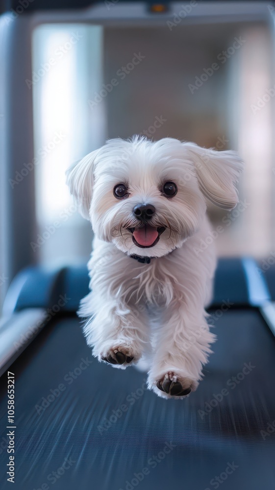 Portrait of Cheerful White Maltese dog running on a treadmill in living room,Healthy,playful and happy moment,Pet friendly concept. Portrait of Cheerful White Maltese dog running on a treadmill in living room,Healthy,playful and happy moment,Pet friendly concept.