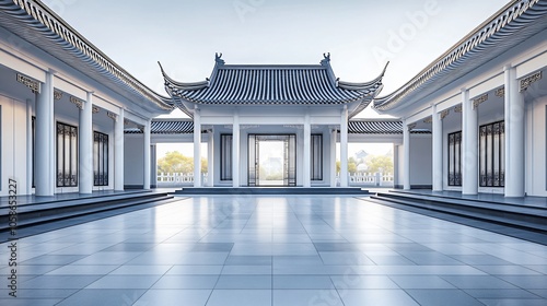 Traditional Chinese Anhui Hui-style Architecture with White Background, Platform, Roads, Parking Lots, and Brick Pavements for Car Advertisement Background photo