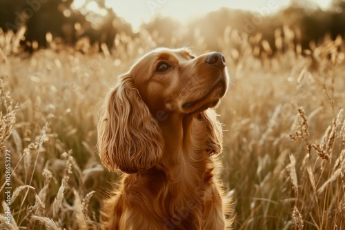 Cocker Spaniel adult dog, elegant with long ears, standing alert, soft brown coat, gentle and loyal look photo