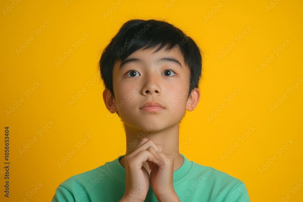 beauty asian teenager in green tee shirt thinking imagination question isolated on yellow background in studio. Banner size and have a copy space for, Generative AI beauty asian teenager in green tee shirt thinking imagination question isolated on yellow background in studio. Banner size and have a copy space for, Generative AI