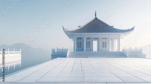 Traditional Chinese Anhui Hui-style Architecture with White Background, Platform, Roads, Parking Lots, and Brick Pavements for Car Advertisement Background photo