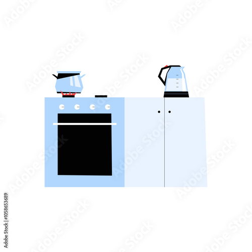 Kitchen Stove And Kettle In Flat Vector Illustration Symbolizing Home Cooking And Kitchen Essentials, Isolated On White Background