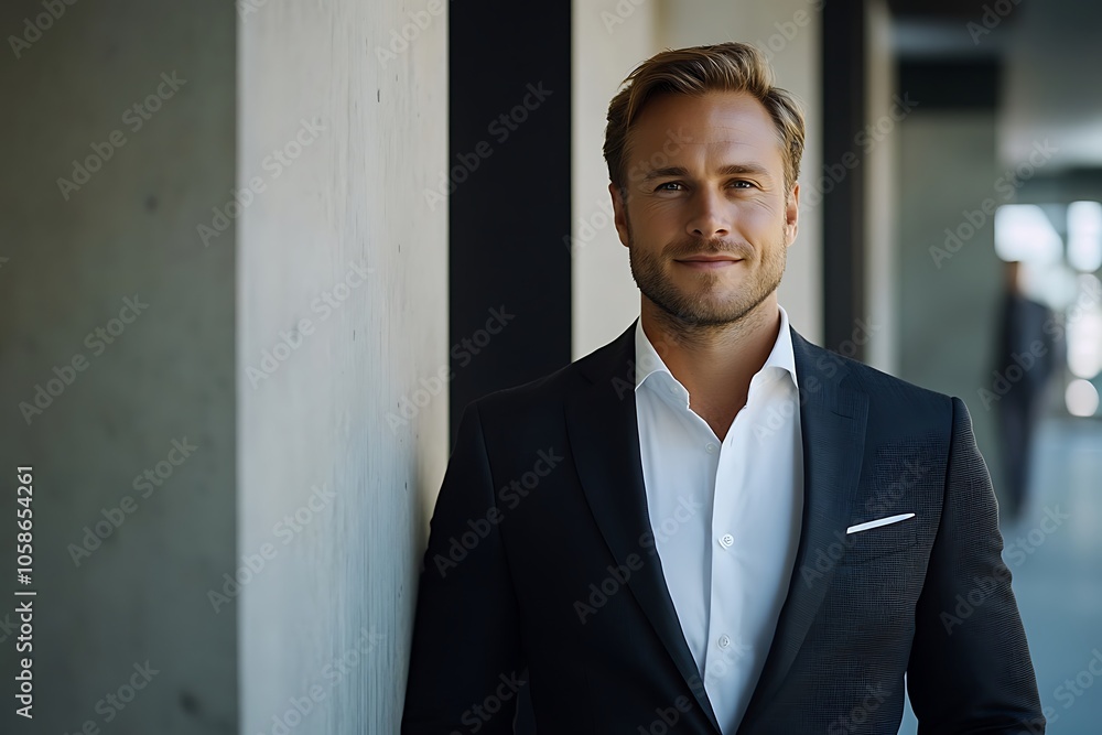 Confident Businessman in Suit with Friendly Gaze Confident Businessman in Suit with Friendly Gaze