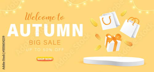 autumn sale with empty white podium on bright orange background with fall leaves, gift box, shopping bag and text effect