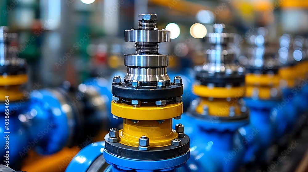 Close Up of Industrial Machine Components with Nuts and Bolts, Yellow and Blue Colors Close Up of Industrial Machine Components with Nuts and Bolts, Yellow and Blue Colors