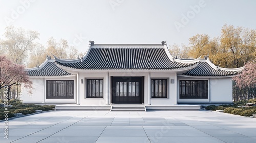 Traditional Chinese Anhui Hui-style Architecture with White Background, Platform, Roads, Parking Lots, and Brick Pavements for Car Advertisement Background photo