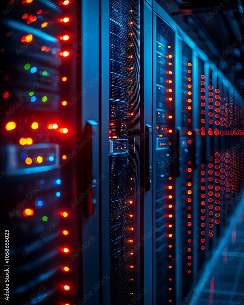 Server Room Lights with Red and Blue Glowing, Data Center Technology Infrastructure Server Room Lights with Red and Blue Glowing, Data Center Technology Infrastructure