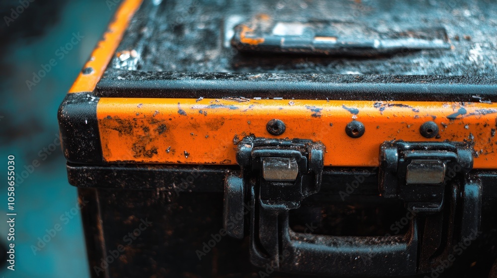 Close-up of a weathered black and orange metal case with a small electronic device on top. Close-up of a weathered black and orange metal case with a small electronic device on top.