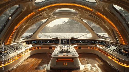 Futuristic Spaceship Interior with Wooden Floor and Ocean View