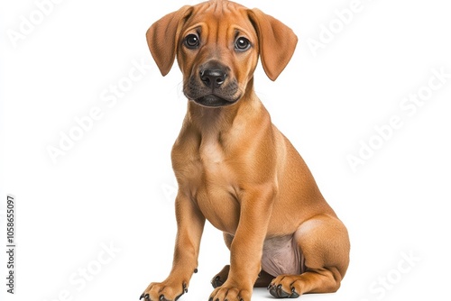 Rhodesian Ridgeback puppy, small and sleek, reddish-brown coat, sitting with curious expression, playful and adorable