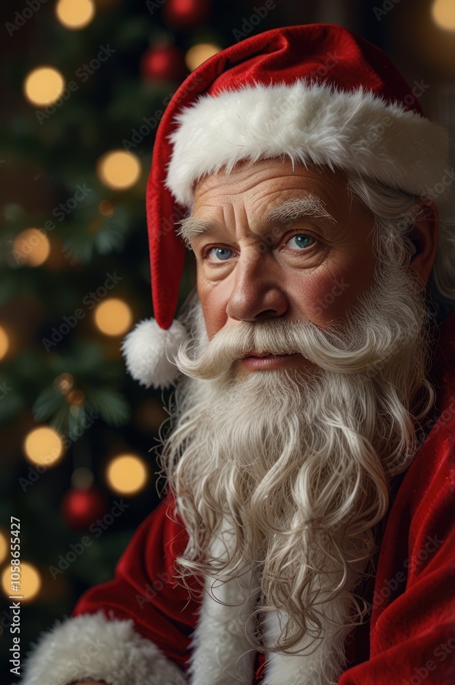 portrait of a santa, looking forward, with a long white beard, wearing a santa calus outfit portrait of a santa, looking forward, with a long white beard, wearing a santa calus outfit