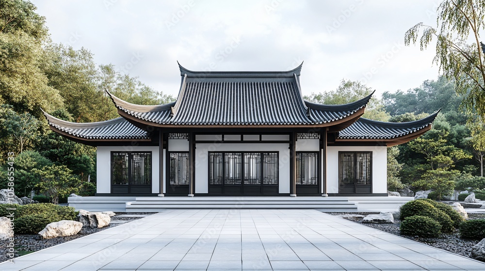 Traditional Chinese Anhui Hui-style Architecture with White Background, Platform, Roads, Parking Lots, and Brick Pavements for Car Advertisement Background Traditional Chinese Anhui Hui-style Architecture with White Background, Platform, Roads, Parking Lots, and Brick Pavements for Car Advertisement Background