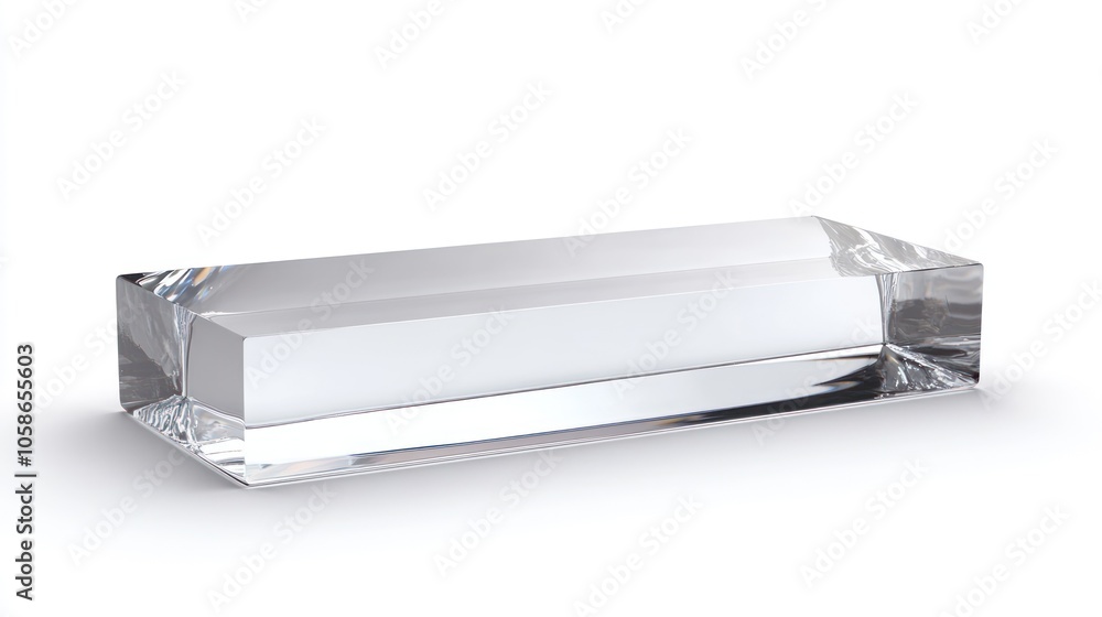 A clear rectangular glass or acrylic block on a white background. A clear rectangular glass or acrylic block on a white background.
