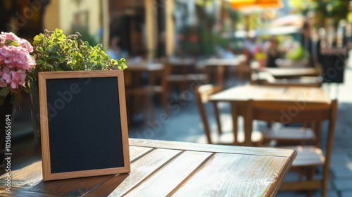 Blank chalkboard menu sign on wooden table in cafe with blurred background of people and tables.