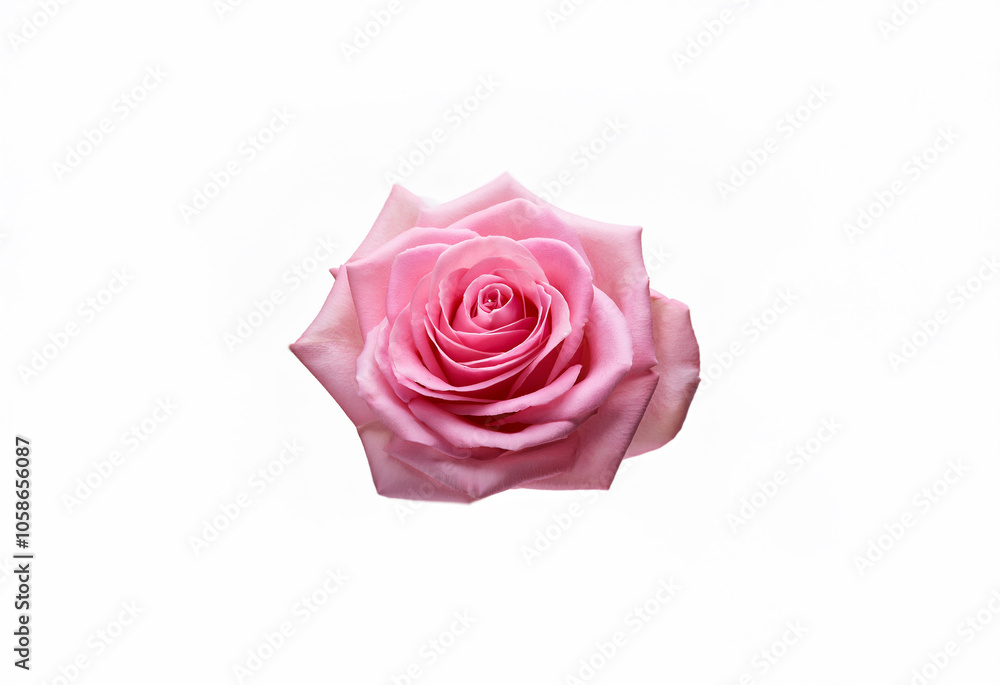 A single pink rose with multiple layers of petals, blooming beautifully against a white background. A single pink rose with multiple layers of petals, blooming beautifully against a white background.