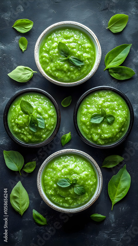 Fresh Pesto Sauce in Bowls with Basil Photo