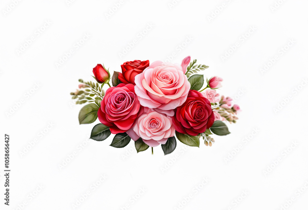 A cluster of pink and red roses with green leaves and buds on a white background. A cluster of pink and red roses with green leaves and buds on a white background.