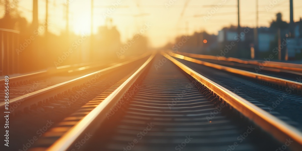 Sunset behind distant train tracks, soft lighting adding depth and tranquility to end-of-day travel. Sunset behind distant train tracks, soft lighting adding depth and tranquility to end-of-day travel.