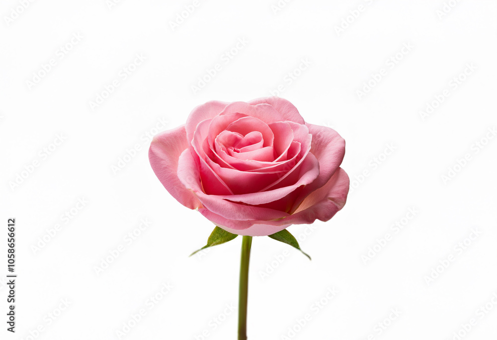 A single pink rose with green leaves and stem is isolated against a white background. A single pink rose with green leaves and stem is isolated against a white background.