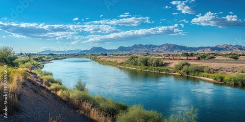 Train crossing the Colorado River in Yuma, AZ, capturing rail and river landscape.