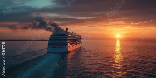 Luxury cruise ship leaving port at sunset, high-resolution capture emphasizing elegance and travel.