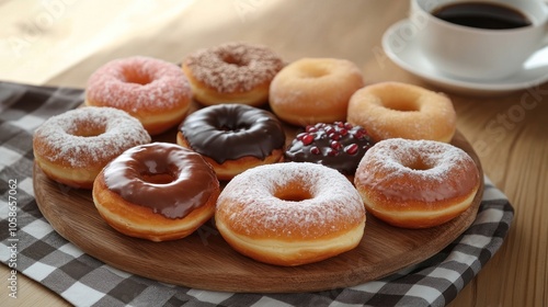 A tempting assortment of donuts on a wooden platter, accompanied by a cup of coffee.