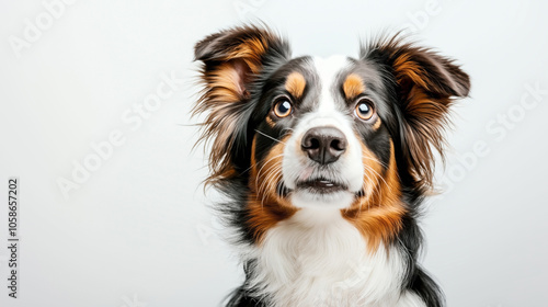 Close-up portrait of an attentive tri-colored dog with brown eyes and fluffy ears, set against a plain background.