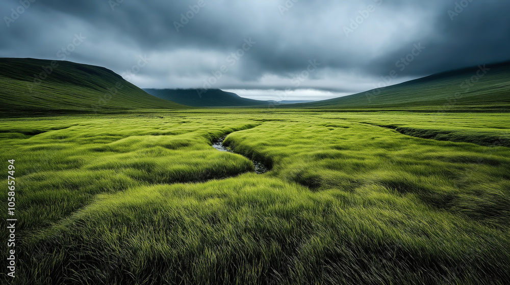 Expansive landscape with lush green grass field and rolling hills under a cloudy overcast sky. Expansive landscape with lush green grass field and rolling hills under a cloudy overcast sky.