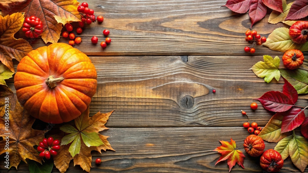 Seasonal background with fall leaves, pumpkin, and red berries Seasonal background with fall leaves, pumpkin, and red berries