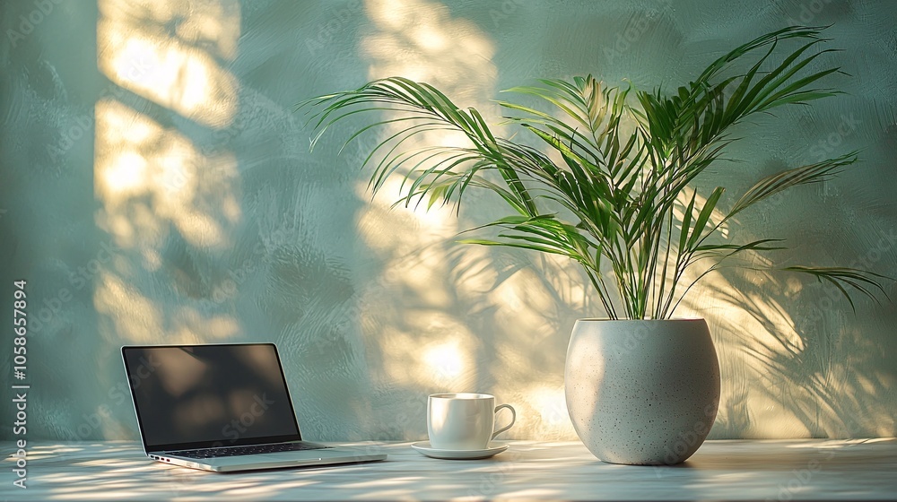 Minimalist Home Office Setup with Green Plant and Sunlight Minimalist Home Office Setup with Green Plant and Sunlight