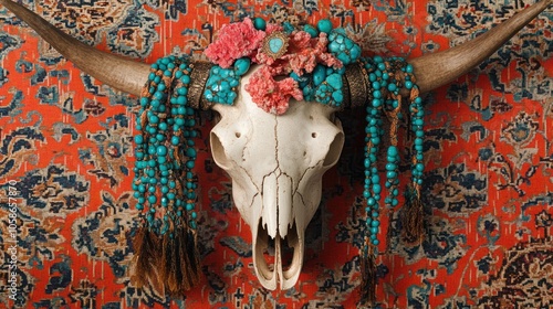 A white bull skull with turquoise and coral beading and fringe adorning the horns and forehead. The skull is set against a red floral patterned background. photo