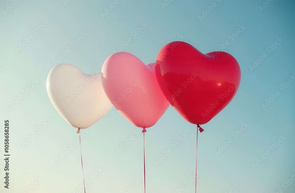 three heart-shaped balloons on a background of blue sky three heart-shaped balloons on a background of blue sky