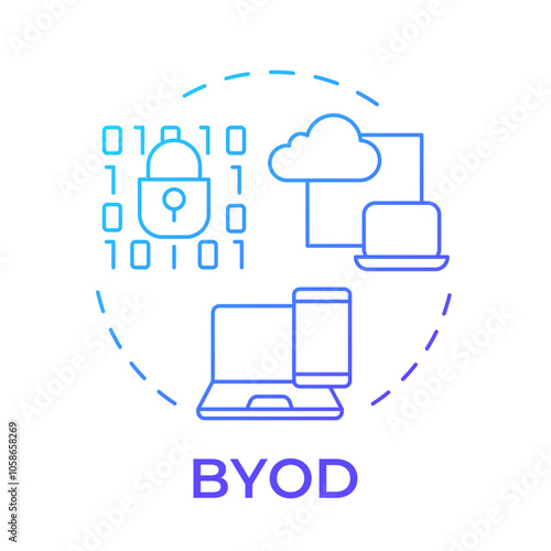 BYOD blue gradient concept icon. Personal devices usability, corporate. Cloud data, code security. Round shape line illustration. Abstract idea. Graphic design. Easy to use in infographic