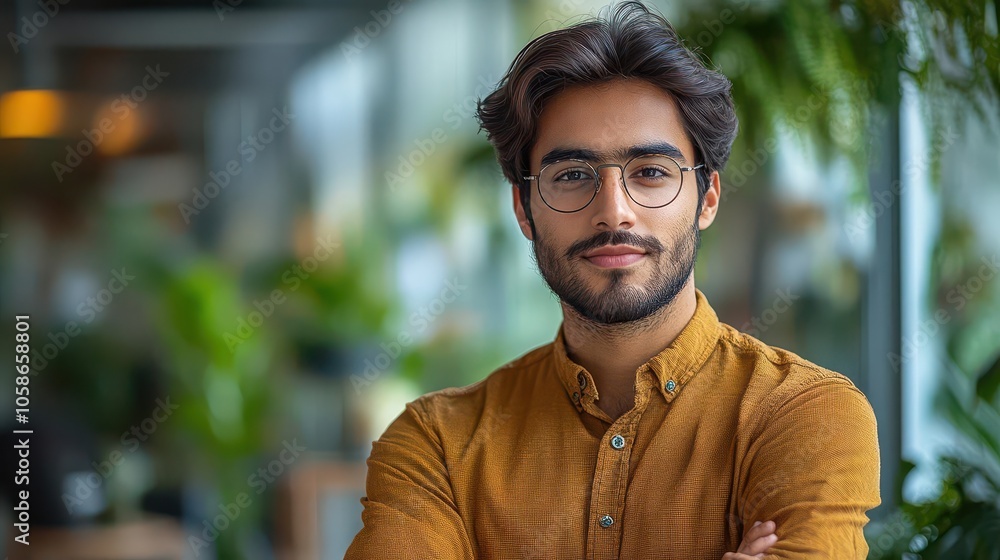 Obraz premium confident young indian man in a modern office setting, wearing glasses and a brown shirt, with his arms crossed, exuding professionalism and self-assurance
