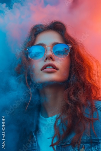 Young woman wearing sunglasses posing in colored smoke