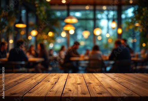 "Cozy Restaurant Interior with Wooden Table and Warm Lighting in a Busy Cafe"