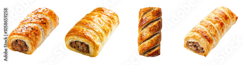 A collection of golden, flaky sausage rolls isolated on a transparent background, ideal for British cuisine concepts and holiday feasts