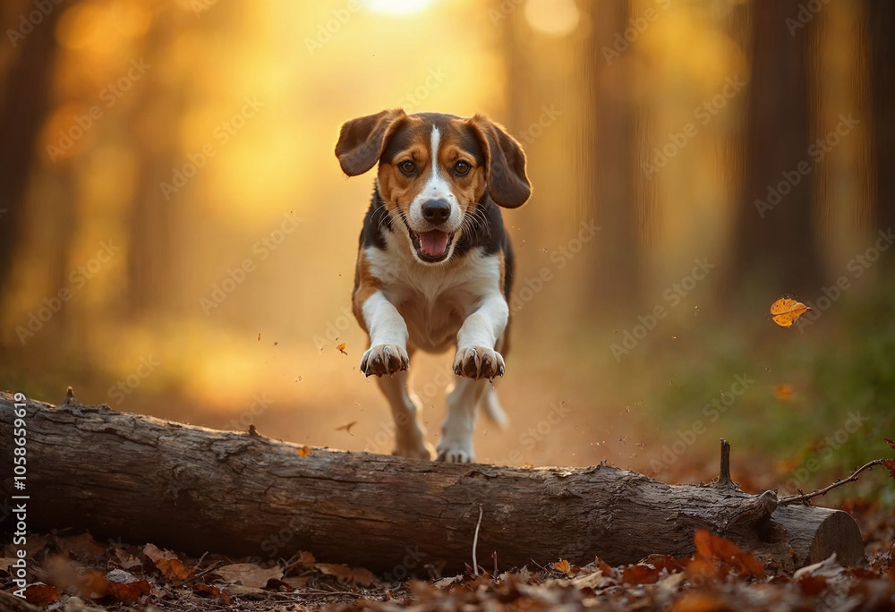 Energetic Beagle Leaping Over Log in Autumn Forest Energetic Beagle Leaping Over Log in Autumn Forest