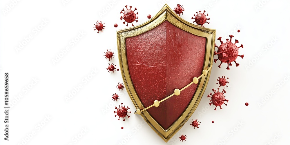 red and gold shield with line protecting from virus cells on white ...
