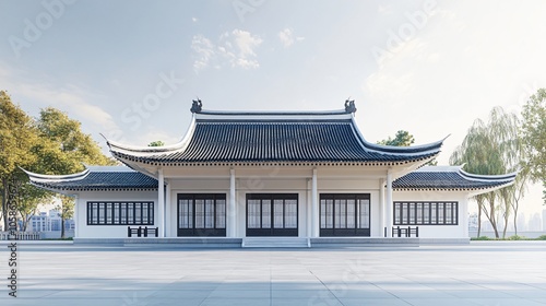 Traditional Chinese Anhui Hui-style Architecture with White Background, Platform, Roads, Parking Lots, and Brick Pavements for Car Advertisement Background photo