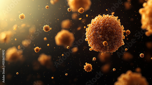 digital illustration of air pollution particles floating in atmosphere, illuminated by sunlight, highlighting environmental impact and health concerns associated with pollution