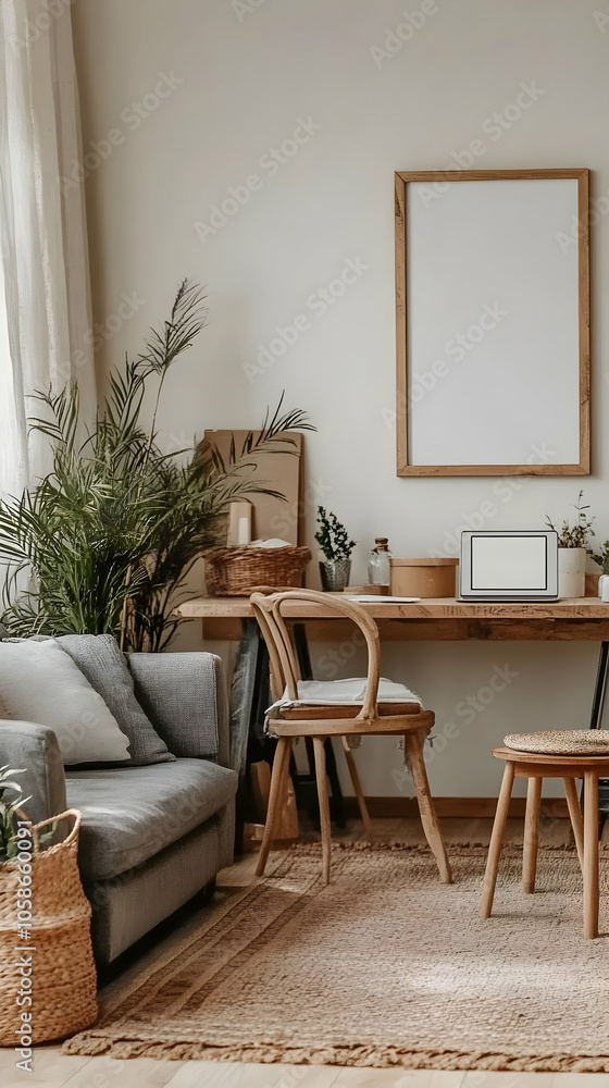 Boho Home Office Photo - Wooden Desk, Jute Rug, and Natural Light Boho Home Office Photo - Wooden Desk, Jute Rug, and Natural Light