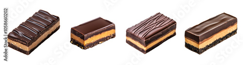 Collection of assorted chocolate peanut butter bars isolated on a transparent background, ideal for dessert concepts and holiday treats